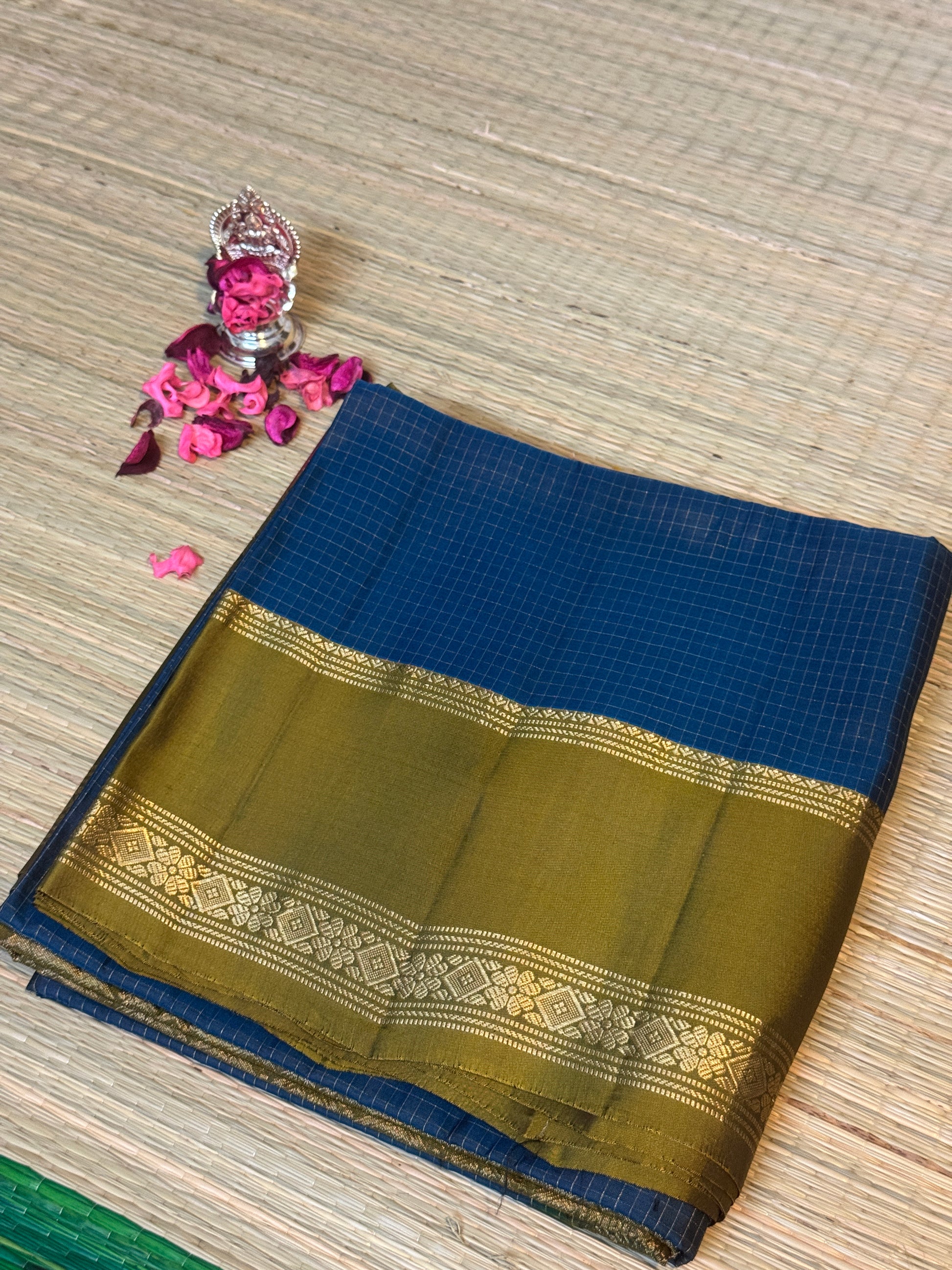 Molakalmuru Blue & Olive Gold Pure Handloom Silk Saree
