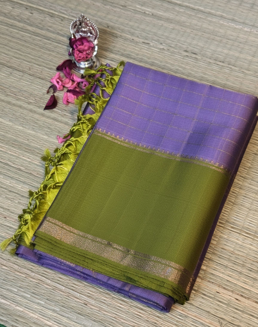 Molakalmuru Lavender & Olive Green Pure Handloom Silk Saree