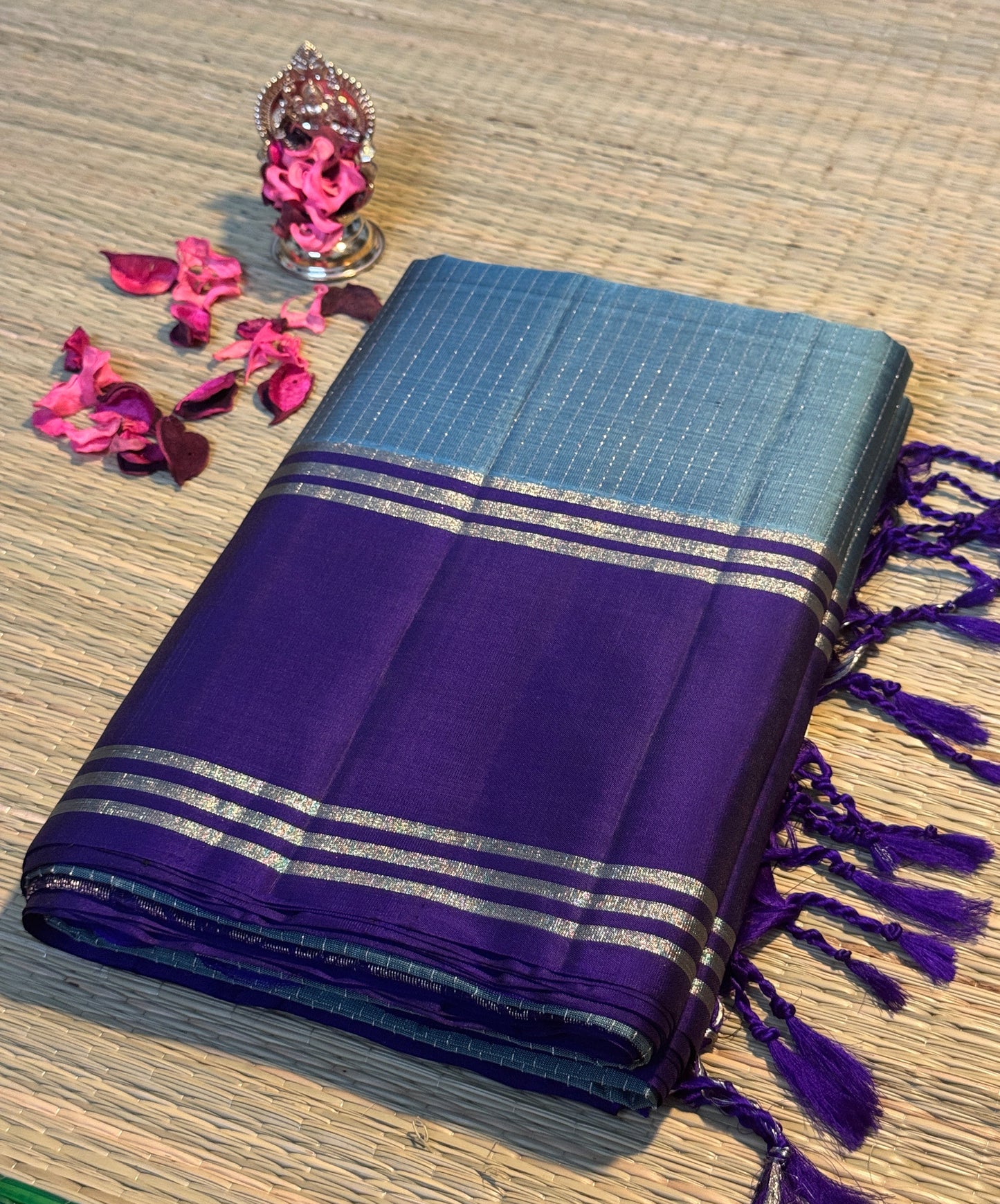 Molakalmuru Sage Blue & Purple Pure Handloom Silk Saree