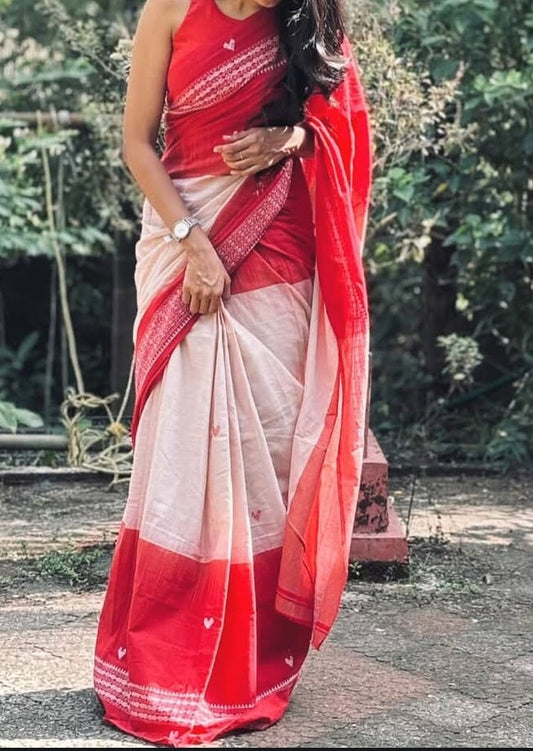 Valentine Red & Cream pure Handloom cotton saree